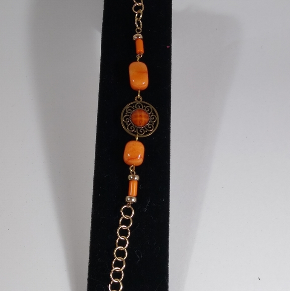 Bracelet Gold Etched Orange Bead Extender Delicate - Picture 4 of 4